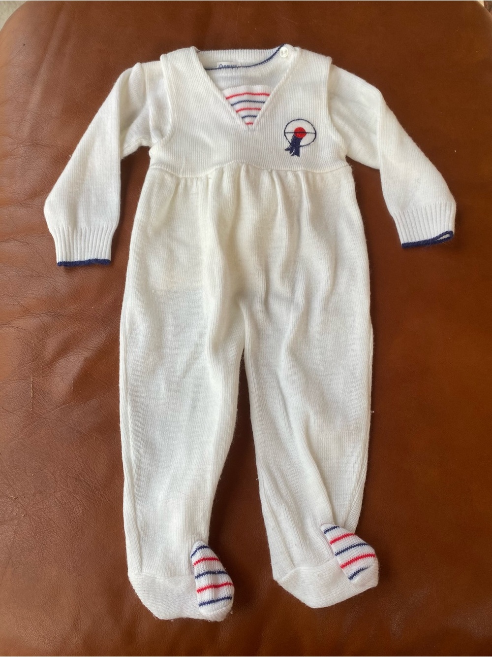 VTG Nautical Preppy 2 Piece White Red Blue Knit Baby Footed Overalls Sweater Boy